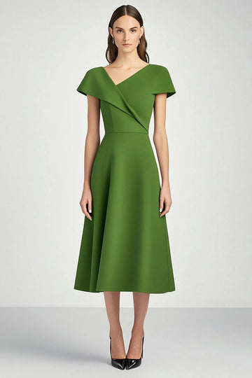 Green V-Neck A Line Midi Work Dress with Short Sleeves